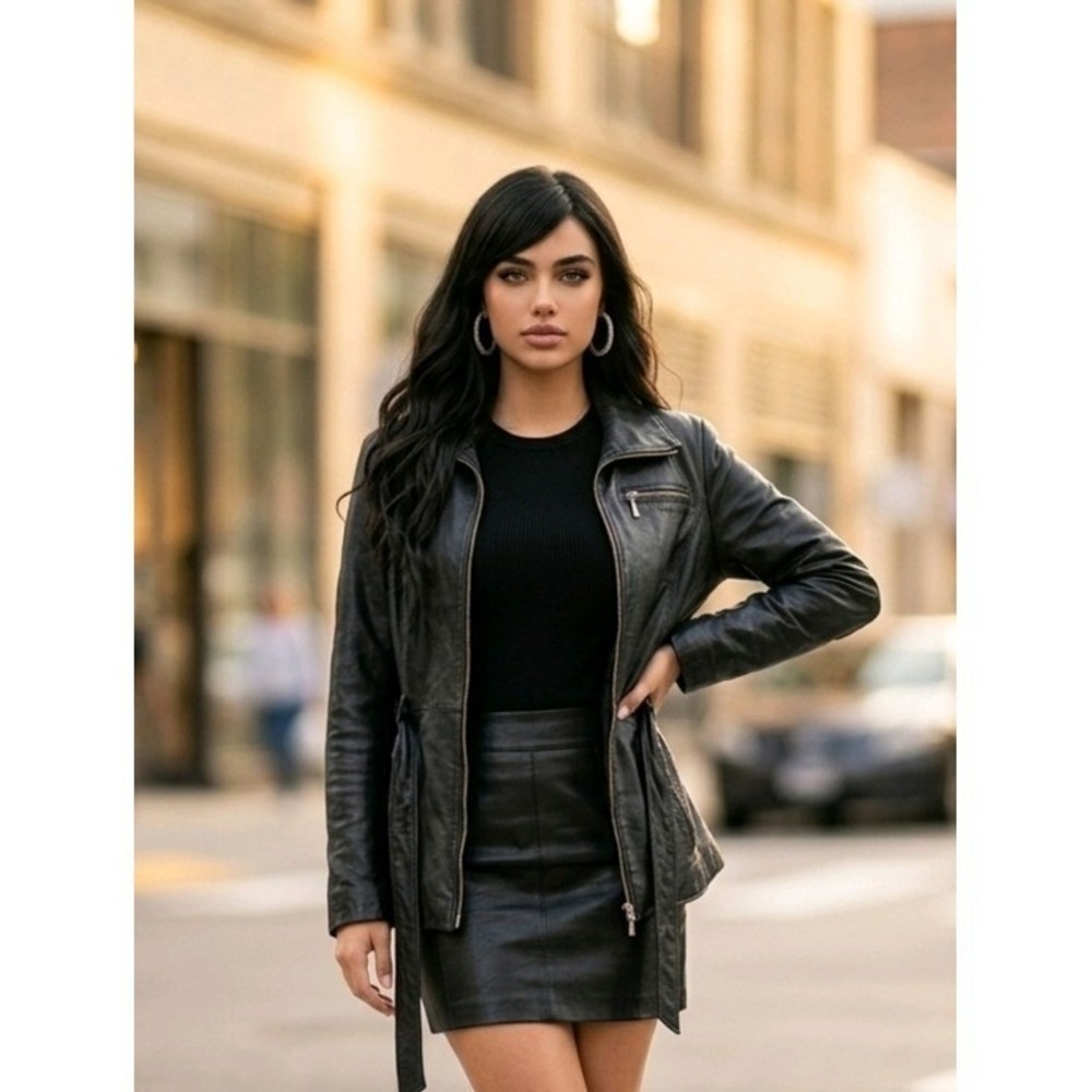 W New York by Winlit Black Leather Belted Zip Up Jacket Small S/P Quilted Lining